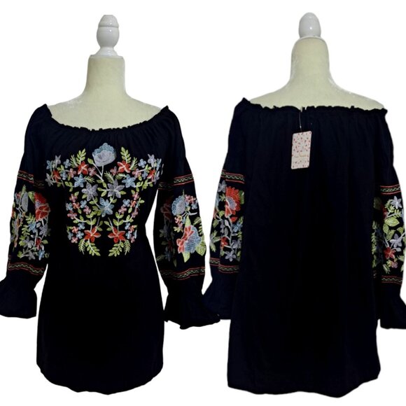 Free People Fleur Du Jour Women's Dress Black Boho Hippie Embroidered Tunic S - Picture 1 of 9